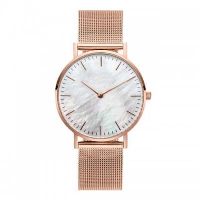 BK9A Womens White Pink Rose Gold Custom Minimalist Mother of Pearl Dial Watch, Sea Shell Ladies Seashell Pearl Watch Company